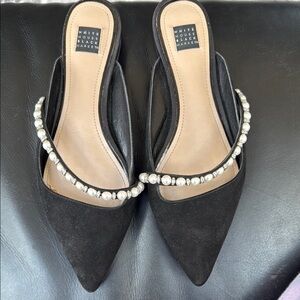 White House Black Market Black Suede Mules with Pearl Detail